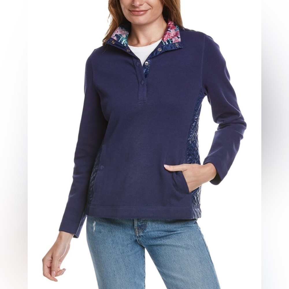 Tommy Bahama Blue Aruba Half Snap Quilted Pullover Sweatshirt With Floral Collar